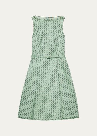 Prada Micro-Floral Cotton-Blend Belted Midi Dress
