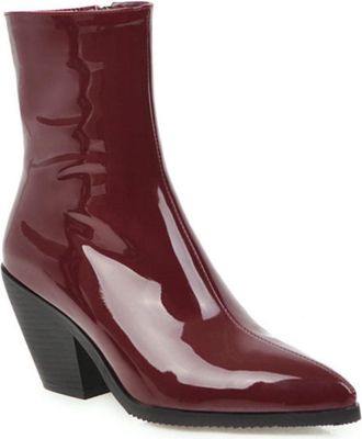 Generic Womens Patent Leather Pointed Toe Cowboy Boots,Mid-Calf Western Style with Block Heel for Work & Casual,Burgundy,1.5 UK