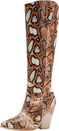 Generic Winter Western Print Knee High Boots for Women with Chunky Stacked Heel and Pointed Toe Design (Yellow, 6. 5)