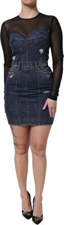 Dolce & Gabbana Denim Mini-jurk met Gelaagd Mesh en Versleten Effect