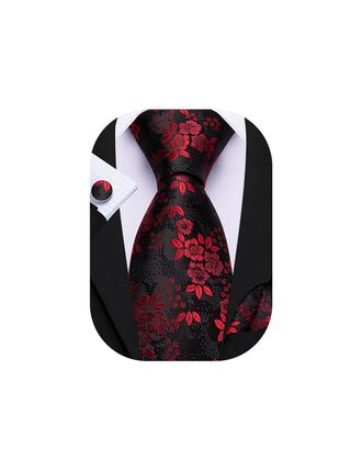 Barry.Wang Mens Floral Ties Set Silk 63inch Necktie Red Black Handkerchief Cufflinks for Formal Wedding Business