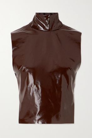 Dries Van Noten Top A Collo Alto In Pelle Lucida - Marrone