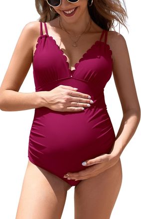 SHEKINI Maternity One Piece Swimwear Scalloped Swimsuit V Neck Ruched Pregnancy Bathing Suit Cutout Tie Back Wine Red