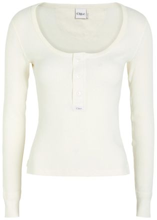 Chlo&eacute; Logo-appliqu&eacute;d Cotton Henley top - Off White - S (UK8-10 / S)