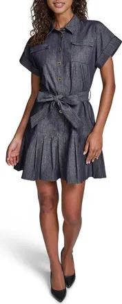 Karl Lagerfeld Pinstripe Tie Waist Denim Minidress in Dark Wash at Nordstrom, Size 14