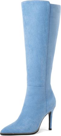 EDEFS Light Blue Suede Knee High Heeled Boots for Women Elegant Pointed Toe Tall Boots with Slim Leg Fit Ideal for Evening Wear UK3