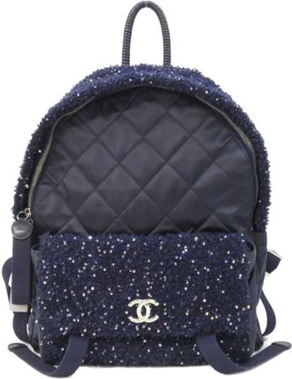 Chanel Navy Tweed Spandex Nylon Leather Backpack (Pre-Owned)