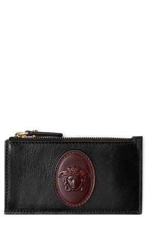 Versace Medusa Leather Zip Card Case in Black Rosewood Gold at Nordstrom