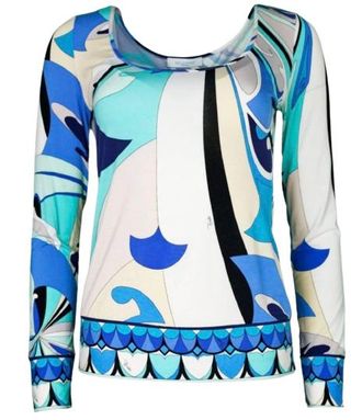 Emilio Pucci Blue Abstract Print Long Sleeve Top Size L
