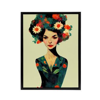 Artery8 Floral Female Portrait Framed Canvas Wall Art Print | Size: W24 x H32