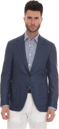 Canali Houndstooth Jas met Zakken - Heren - Blazers - Blauw - L - Wol - Jassen
