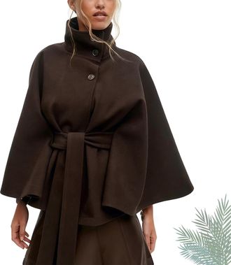 Generic Women Batwing Sleeve Ponchos Pea Coat, Oversized Belted Trendy Stand Collar Capes Jacket, Button Elegant Belted Cape Jacket (Brown,S)