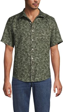 Lands End Traditional Fit Short Sleeve Linen Shirt in Forest Moss Palms at Nordstrom, Size Xx-Large