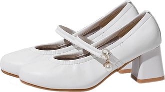 Generic White Feminine Easygoing Casual Trendy Solid Color Round Toe Comfortable Low Cut Buckle Heel High Heels Shoes
