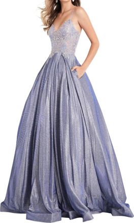 Jovani Floral Embroidered V-Neck Ballgown In Periwinkle