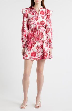 Chelsea28 Floral Long Sleeve Tiered Chiffon Minidress in Ivory- Pink Furnished Floral at Nordstrom, Size Xx-Small