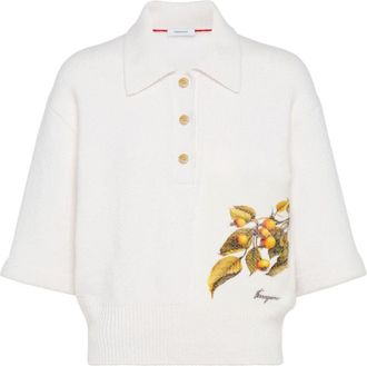 Ferragamo botanical-motif polo shirt - women - Cashmere/Nylon/Polyurethane - S - White