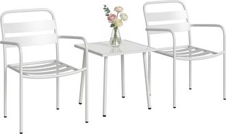 OUTSUNNY Conjunto De Jard&iacute;n Exterior De 3 Piezas, Muebles Jard&iacute;n Exterior De Acero Galvanizado Con 2 Sillas Y Mesa De Vidrio Templado, Blanco