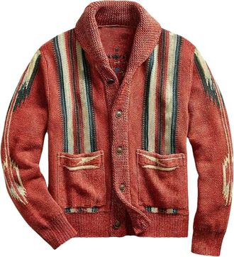 Generic Mens Autumn Winter Sweater Vintage Jacquard Lapel Knitwear Men Cardigan Warm Jacket Red EUR XL