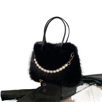 Generic Womens Plush Bags Winter Faux Fur Crossbody Bags For Womens Gift, Pearl Chain Decor Shoulder Bag, Ladies Handbags Top-handel(Black)