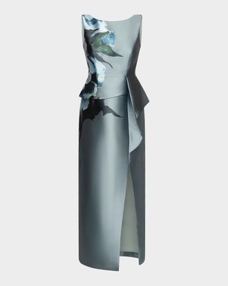 Kay Unger Luciana Satin Floral Column Gown