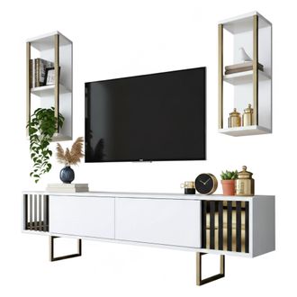 Dmora Dmora - Mueble De Televisi&oacute;n Eunomia, Aparador De Sal&oacute;n, Mueble Bajo Para Tv, Base De Pared Equipada, 180x30h48 Cm, Blanco Y Negro, Con Embalaje Refor