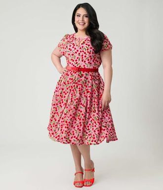 Unique Vintage Plus Size Short Petal Sleeve Tie Neck Dahlia Swing Dress in Pink W/Cherries at Nordstrom, Size 2X