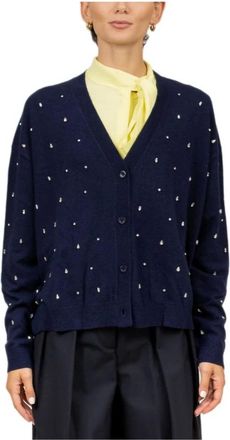 Semicouture Truien & Vesten, Dames, Blauw, M, Wol, Blauwe Cashmere Cardigan met Strass Detail