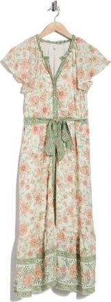 August Sky Floral Short Sleeve Tie Waist Dress in Green Multi at Nordstrom Rack, Size Medium