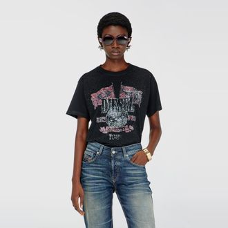 Diesel T-shirt with concert graphics and crystals - T-Shirts - Woman - Black