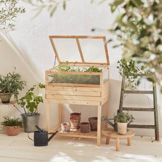 Sweeek Elevated Wooden Planter With Polycarbonate Greenhouse in Light Brown