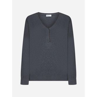 Brunello Cucinelli Womens Lead Ribbed Knit V Neck Sweater, Size L