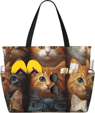 Generic Cute Cat Print Large Beach Bag Foldable Travel Shoulder Tote Bag With Pocket For Weekender Pool Vacation