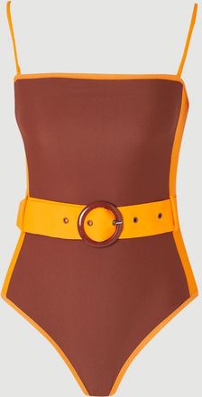 Karen Millen Womens Contrast Panelled Bandeau Swimsuit With Belt - Chocolate Nylon - Size X-Small