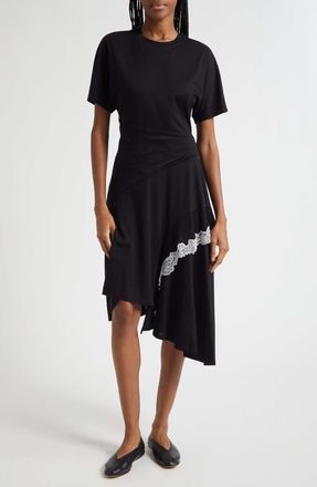 3.1 Phillip Lim Lace Detail Draped Asymmetric Hem Cotton T-Shirt Dress in Black at Nordstrom, Size X-Small