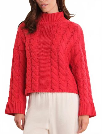 525 america Adalynn Oversized Chunky Cable Mock Neck Pullover Sweater In True Red