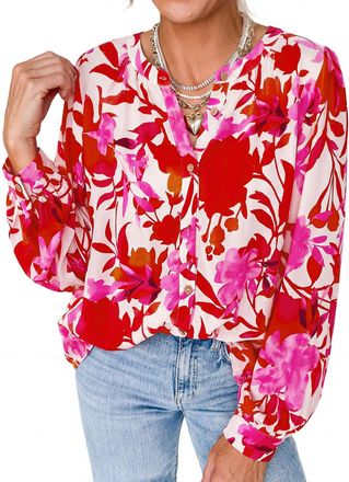 PrettyGarden Womens Floral Button Down Blouse 2025 Fall Fashion Dressy Casual Long Sleeve Oversized Shirts Top Boho Clothes, Floral White Rose Red, XL