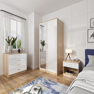 Elegant Lighting Modern High Gloss Wardrobe and Cabinet Furniture Set Bedroom Wardrobe with Mirror and 4 Drawer Chest and Bedside Cabinet, White/Oak