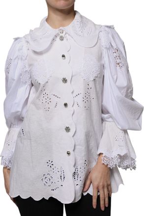 Dolce & Gabbana White Cotton Lace Trim Collared Blouse Womens Top (Pre-Owned)