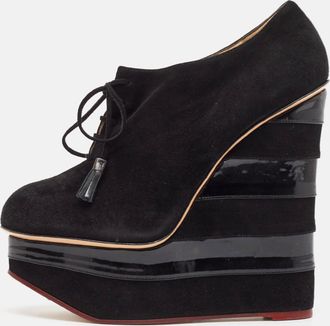 Charlotte Olympia Black Suede And Patent Leather Martha Wedge Booties