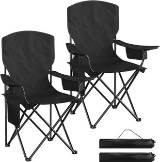 Woltu Woltu 2 Sillas De Camping Plegables Con Respaldo, Portavasos Y Bolsillo Lateral, Silla De Playa Para Exterior Silla De Playa Plegable, Negro