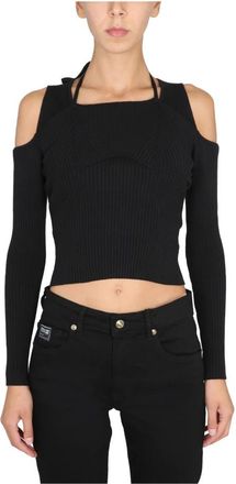 Versace Jeans Couture Katoenen shirt met blote schouders - Dames - Ronde hals truien - Zwart - L - Katoen - Truien & Vesten