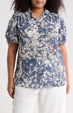 Adrianna Papell Scrunched Short Sleeve Button-Up Shirt in Dusty Blue Floral at Nordstrom Rack, Size 2X