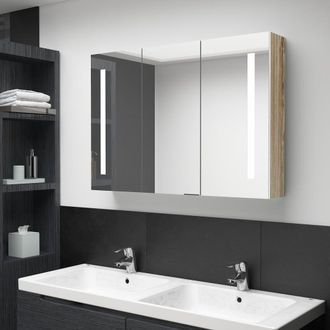 Berkfield Home LED Bathroom Mirror Cabinet 89x14x62 cm White & Oak | Size: 89 x 14 x 62 cm