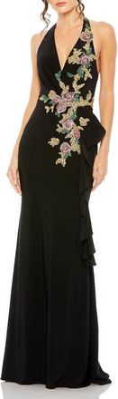Mac Duggal Halter Floral Embellished Gown in Black at Nordstrom, Size 10