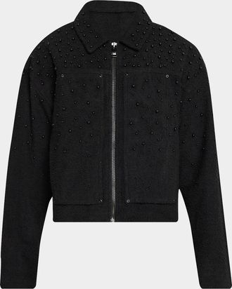 Purple Men & apos;s Imitation Pearl-Embellished Cotton-Blend Crop Jacket