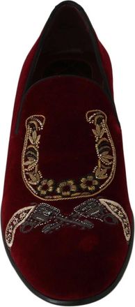 Dolce & Gabbana Mens Bordeaux Velvet Loafers Gun Horseshoe Shoes Cotton