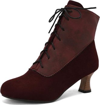 Generic Womens Closed Round Toe Ankle Boots Lace Up Short Boots with Side Zipper Mid Kitten Heel Retro Dress Shoes,Burgundy,10.5 UK