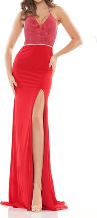 Colors Dress Rhinestone Bodice High Leg Slit Gown In Red