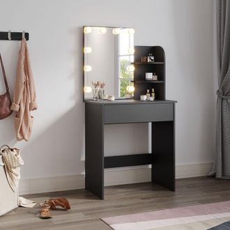 Elegant Lighting Elegant - Dressing Table with Mirror and led Light, Three-colour Mode, Makeup Desk with Drawers for Bedroom, Including Stool, 70x40x140cm Black